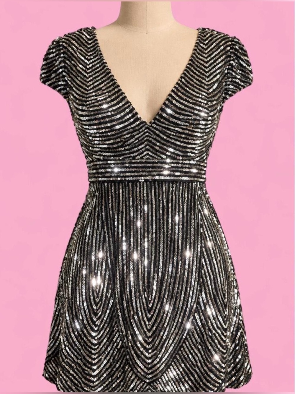 Vintage JOVANI 100% Silk Sequin Mini Dress V-Neck Art Deco Black Silver Sz 2